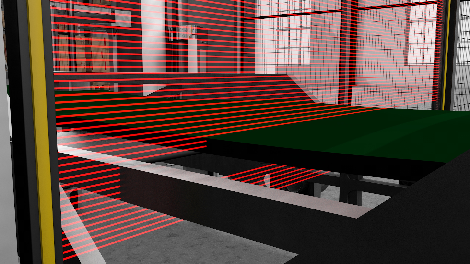 Este prezentată o perdea luminoasă de siguranță în care unele fascicule de lumină sunt întrerupte de un obiect care trece prin ea.