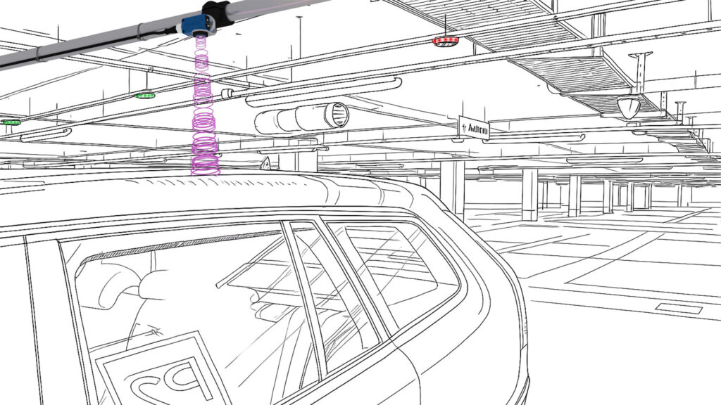 Le capteur de distance à ultrasons U1RT002 détecte un véhicule garé dans un parking souterrain pour détecter l'occupation des places de stationnement.