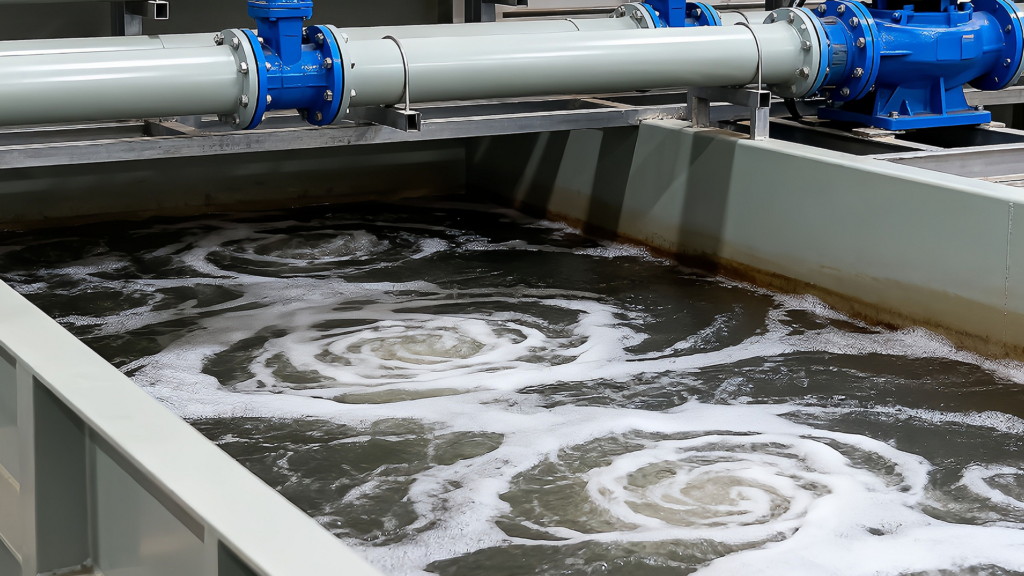 u puteți vedea un bazin pătrat într-o instalație industrială, plin cu apă limpede.