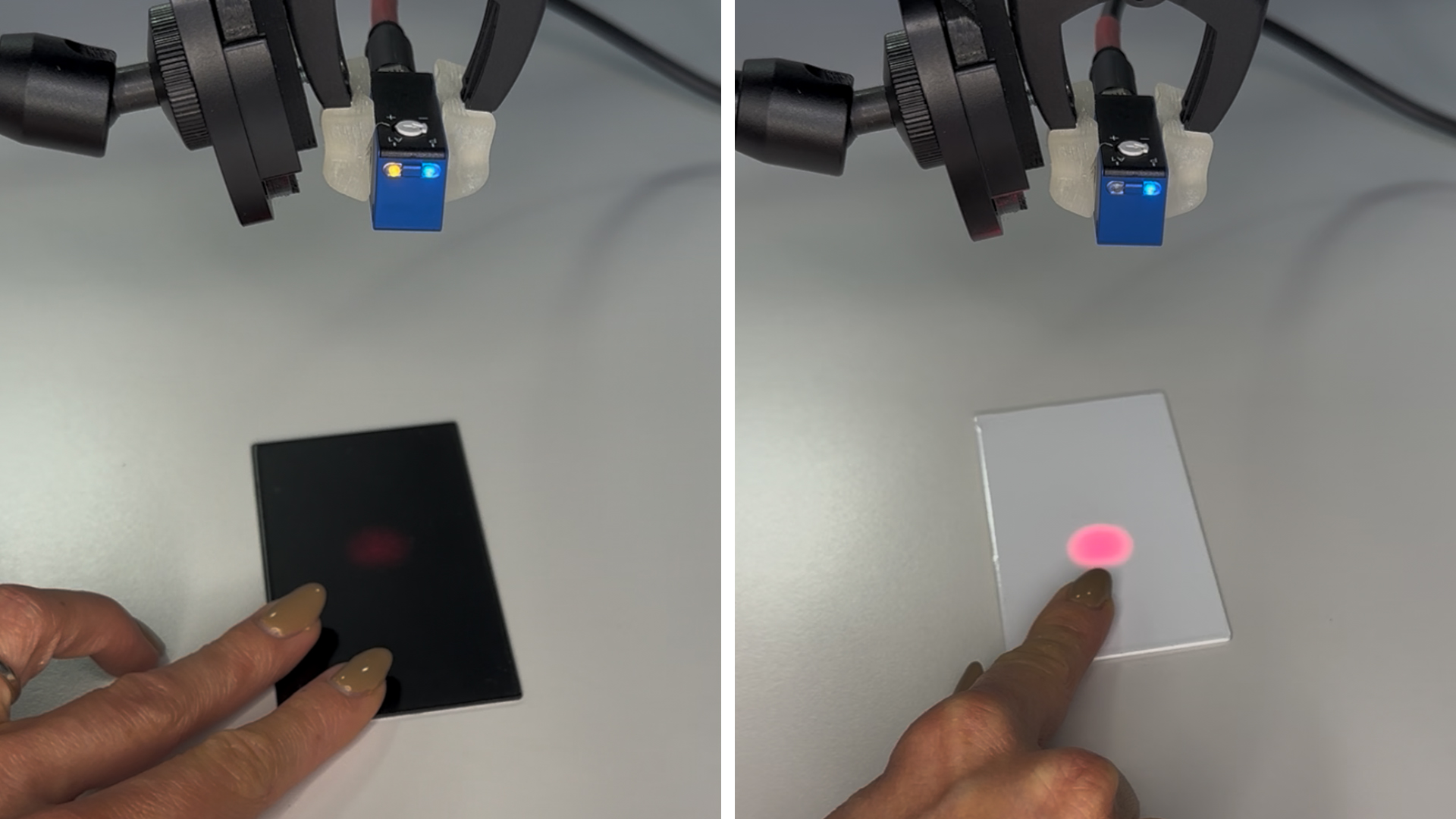 Енергетски рефлексни сензор детектује црну површину испред веома светле позадине.