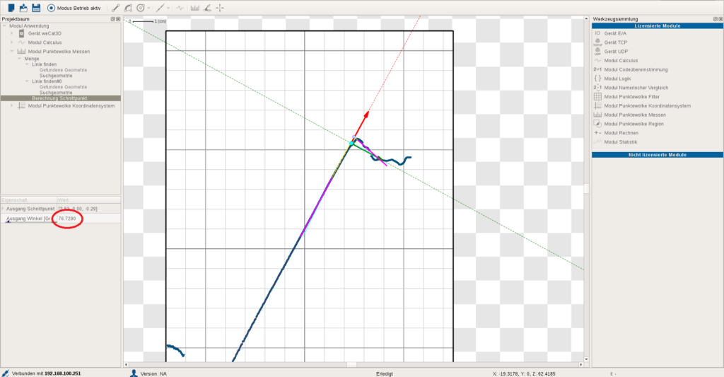 Captura de pantalla del programari uniVision amb un perfil 3D d'un acer rodó inclinat